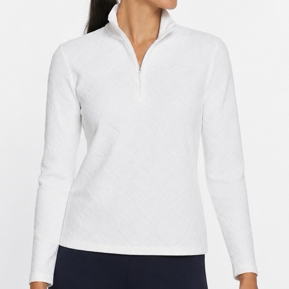 J McLaughlin Top Bedford 1/4 Zip Pullover White Textured Jacquard Womens S